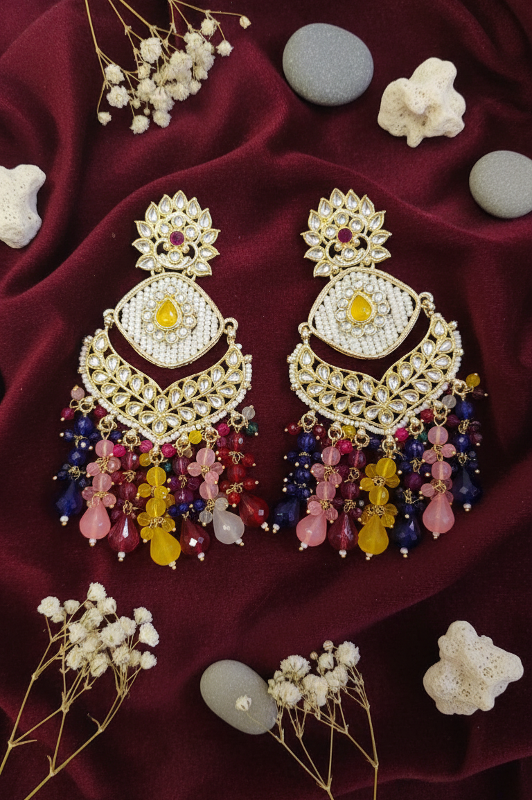 Golden Multi-Color Beaded Chandbali Drop Earrings