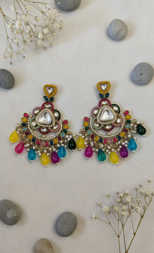 Kundan Polki Chandbali Earrings with Colorful Beads