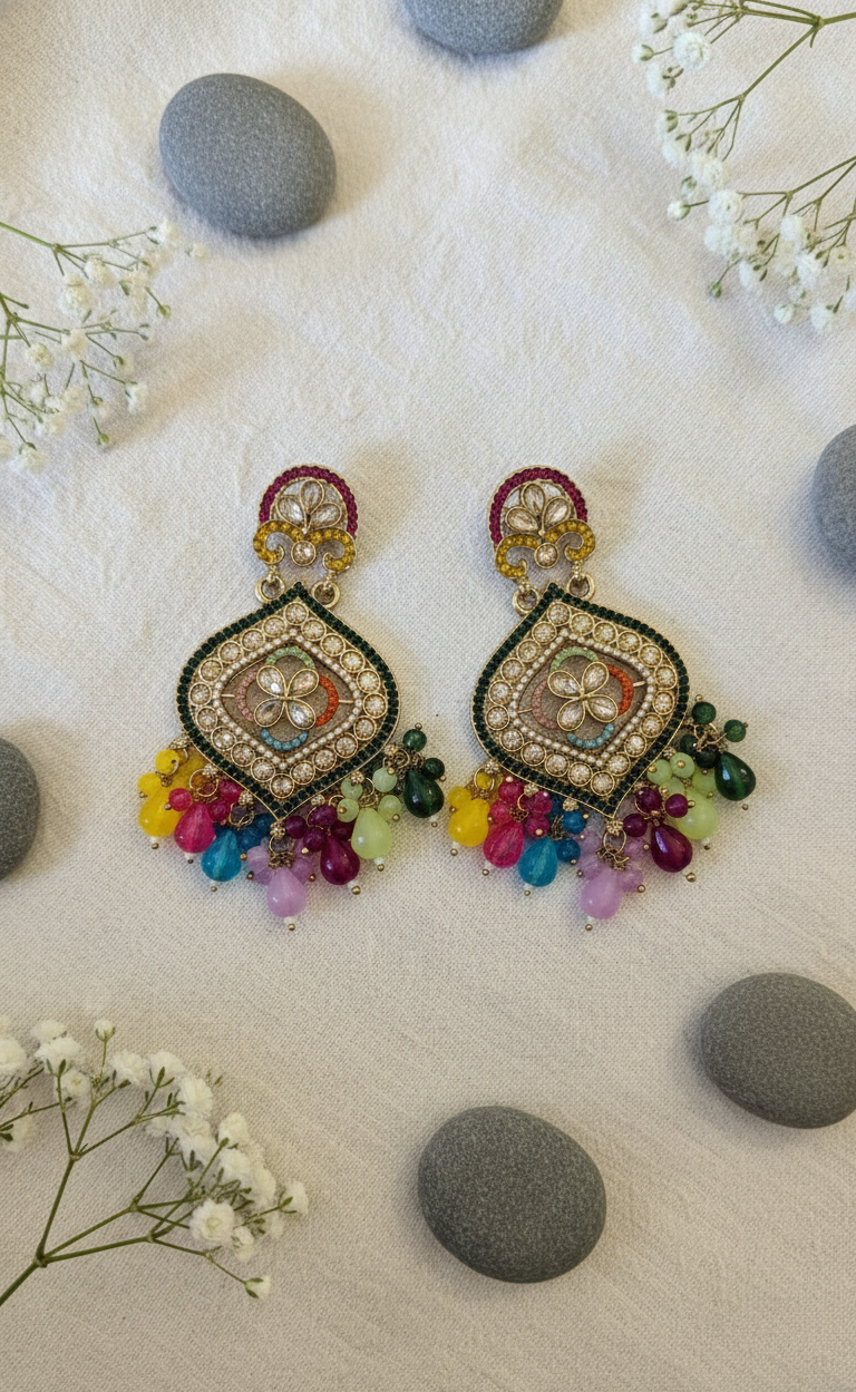Kundan Polki Drop Earrings with Colorful Beads