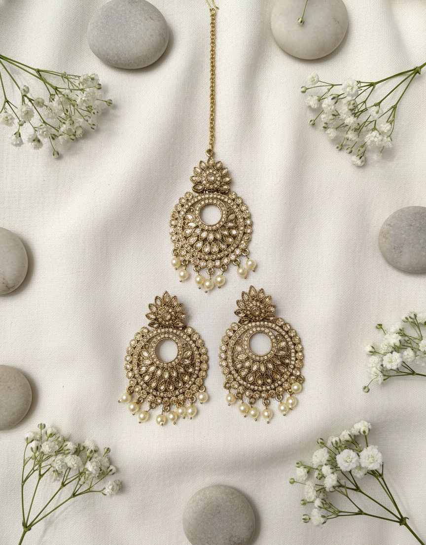 Golden Elegance Maang Tikka with Matching Earrings Set