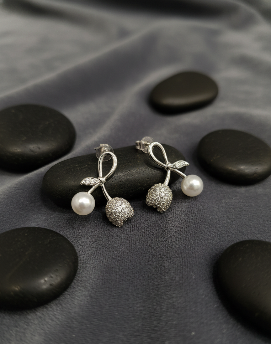 Chic Rose Gold Pearl & Pave Cherry Drop Earrings