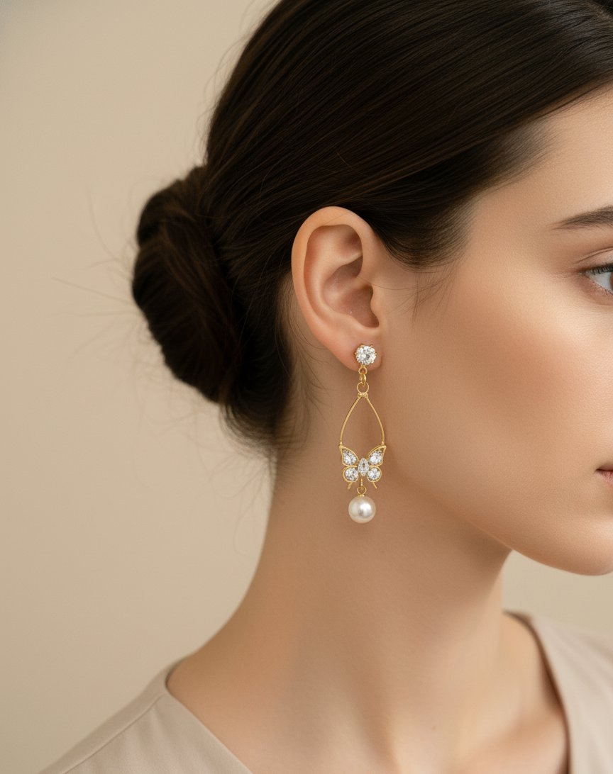 Golden Sparkling Butterfly & Pearl Drop Earrings