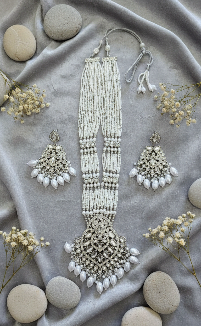 Silver Blossom Pearl & Kundan Grandeur Necklace Set