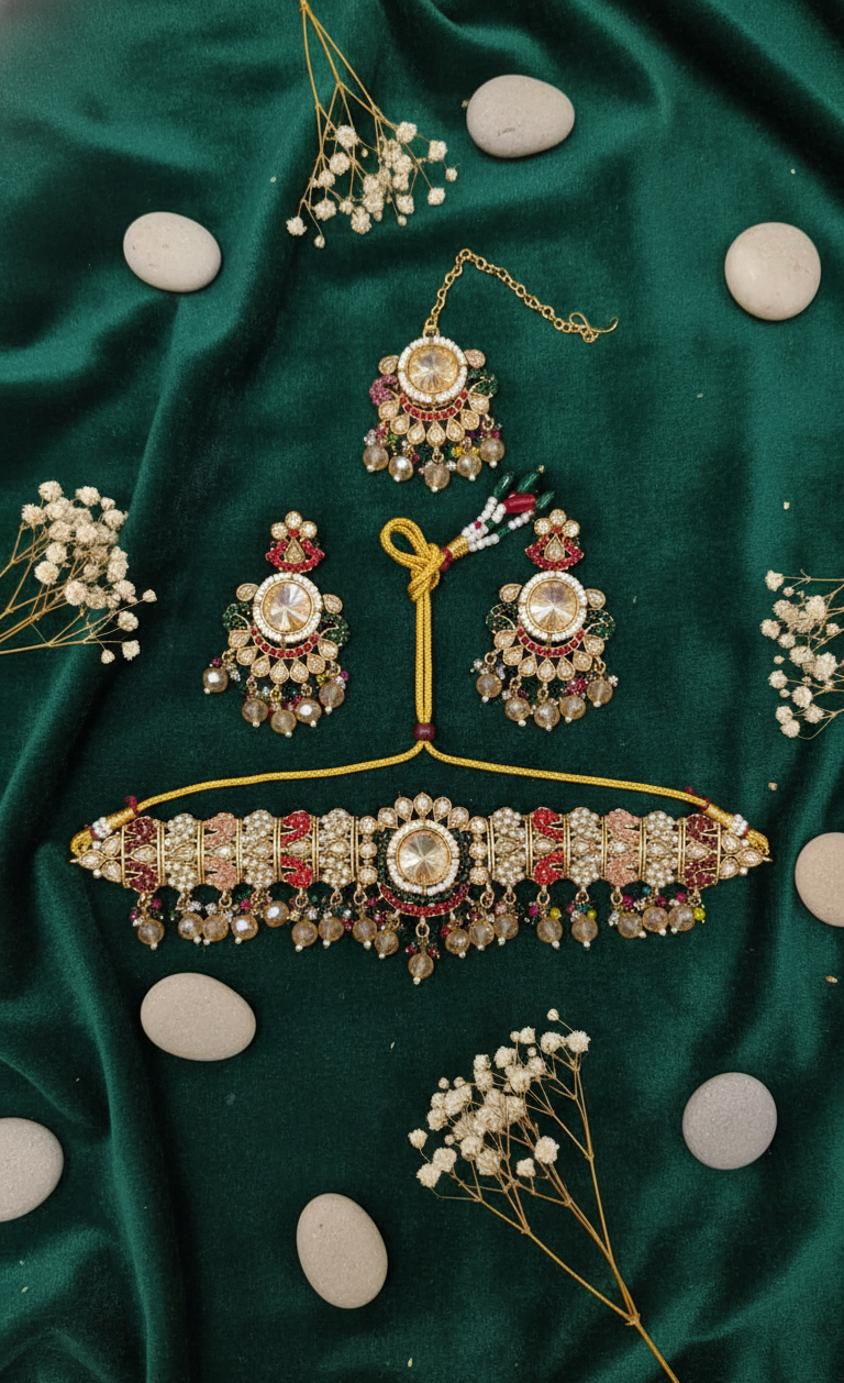 Kundan & Pearl Choker Set with Maang Tikka and Earrings