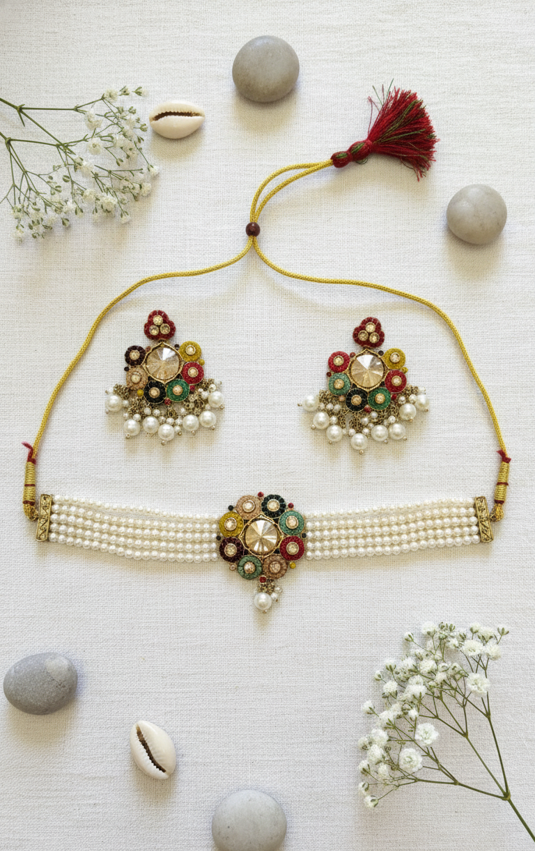 Multi-Color Kundan and Pearl Floral Choker Set