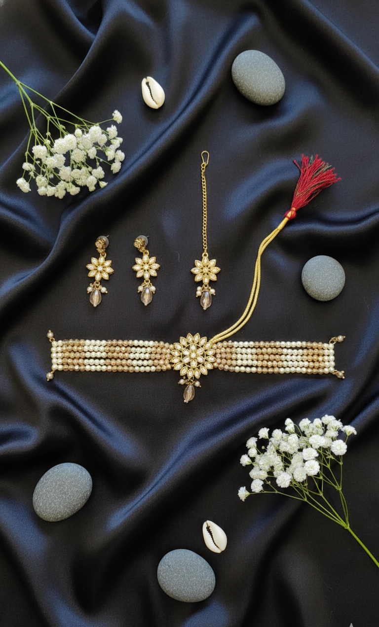 Elegant Pearl and Gold Floral Choker Set