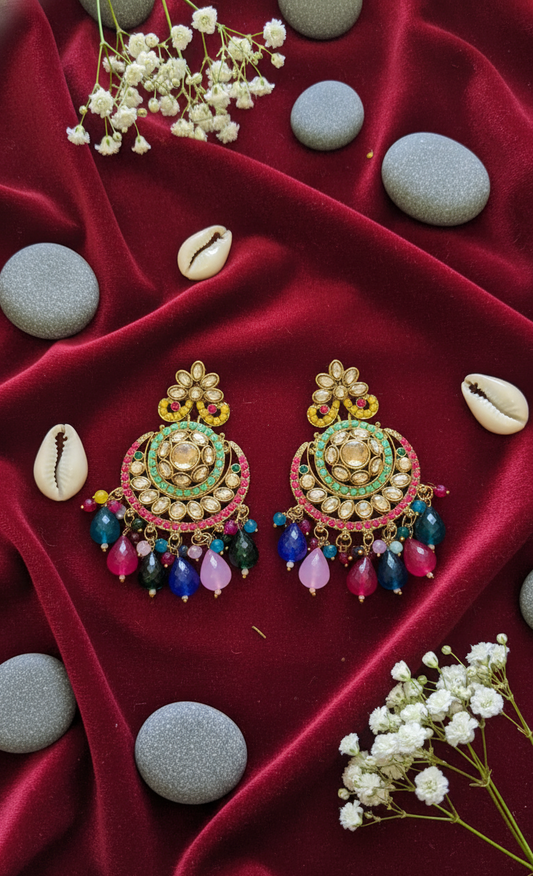 Vibrant Multi-Colored Kundan & Beaded Chandbali Earrings