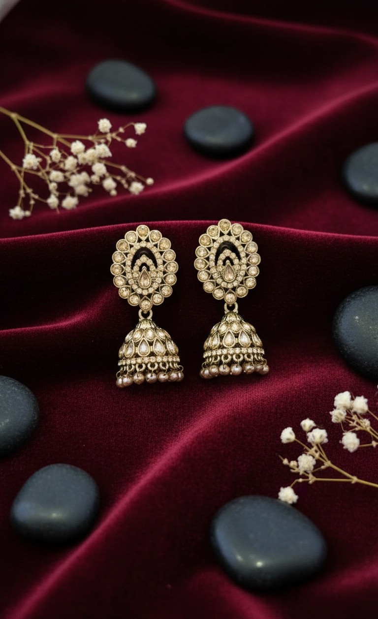 Dazzling Gold-Toned & Champagne Stone Jhumka Earrings