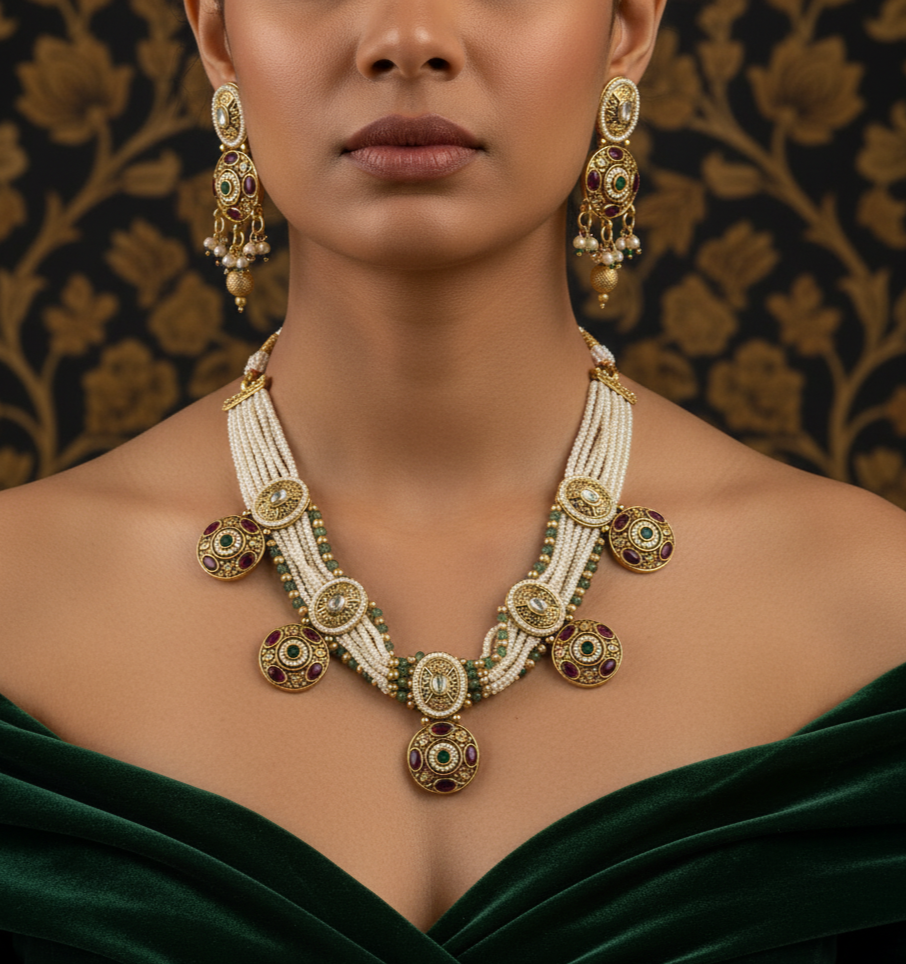 Heritage Bloom Pearl Kundan Medallion Set