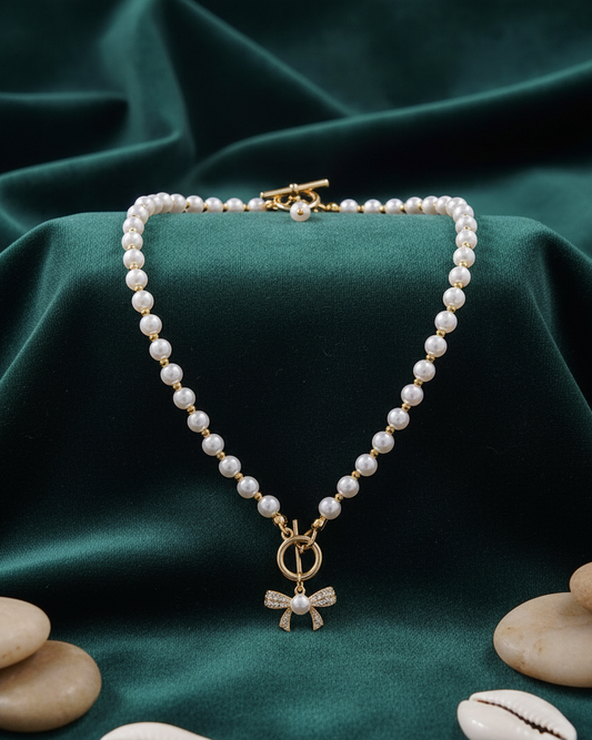Dainty Bow Pearl Toggle Necklace
