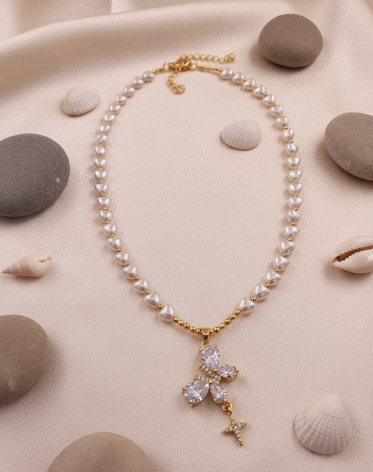 Dainty Blossom Pearl Cross Necklace