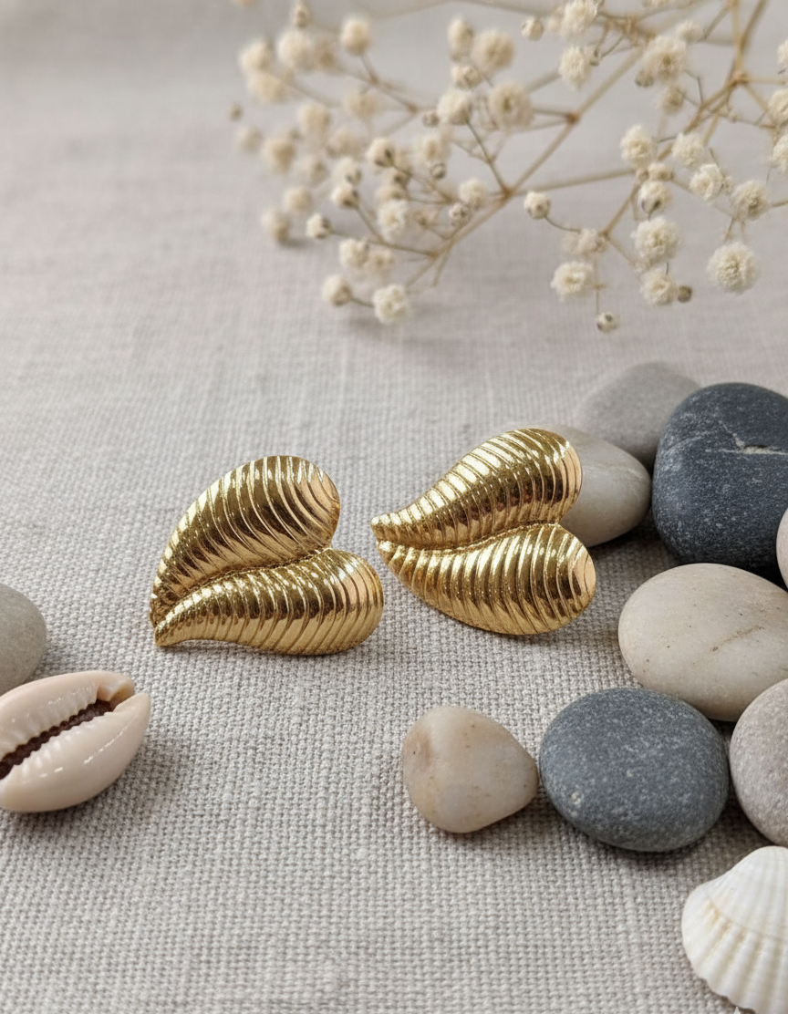 Golden Ribbed Heart Drop Earrings