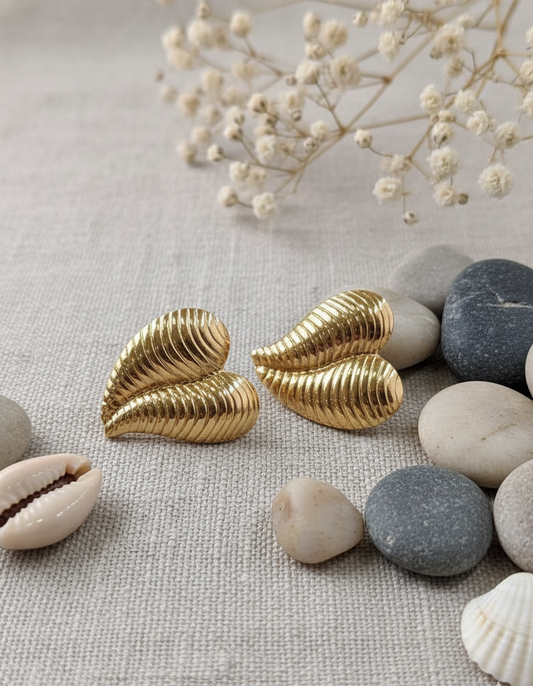 Golden Ribbed Heart Drop Earrings