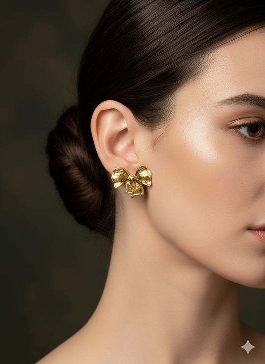 Gilded Ribbon Bow Stud Earrings