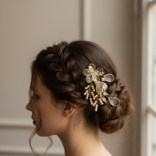 "Golden Bloom" Crystal Pearl Hair Clip