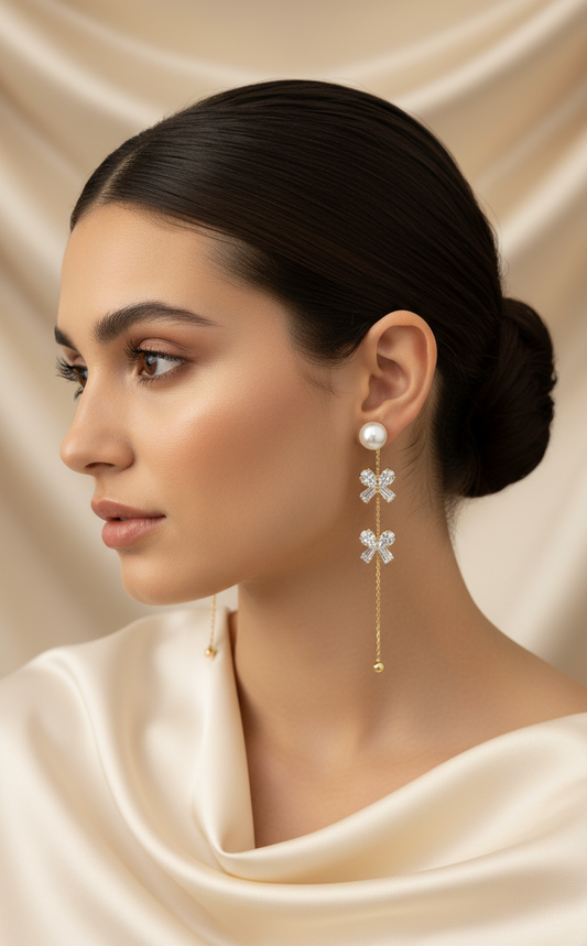 Pearl & Crystal Bow Drop Earrings