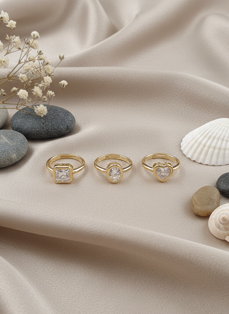 Gold-Plated Sparkling Stone Adjustable Rings (Pack of 3)