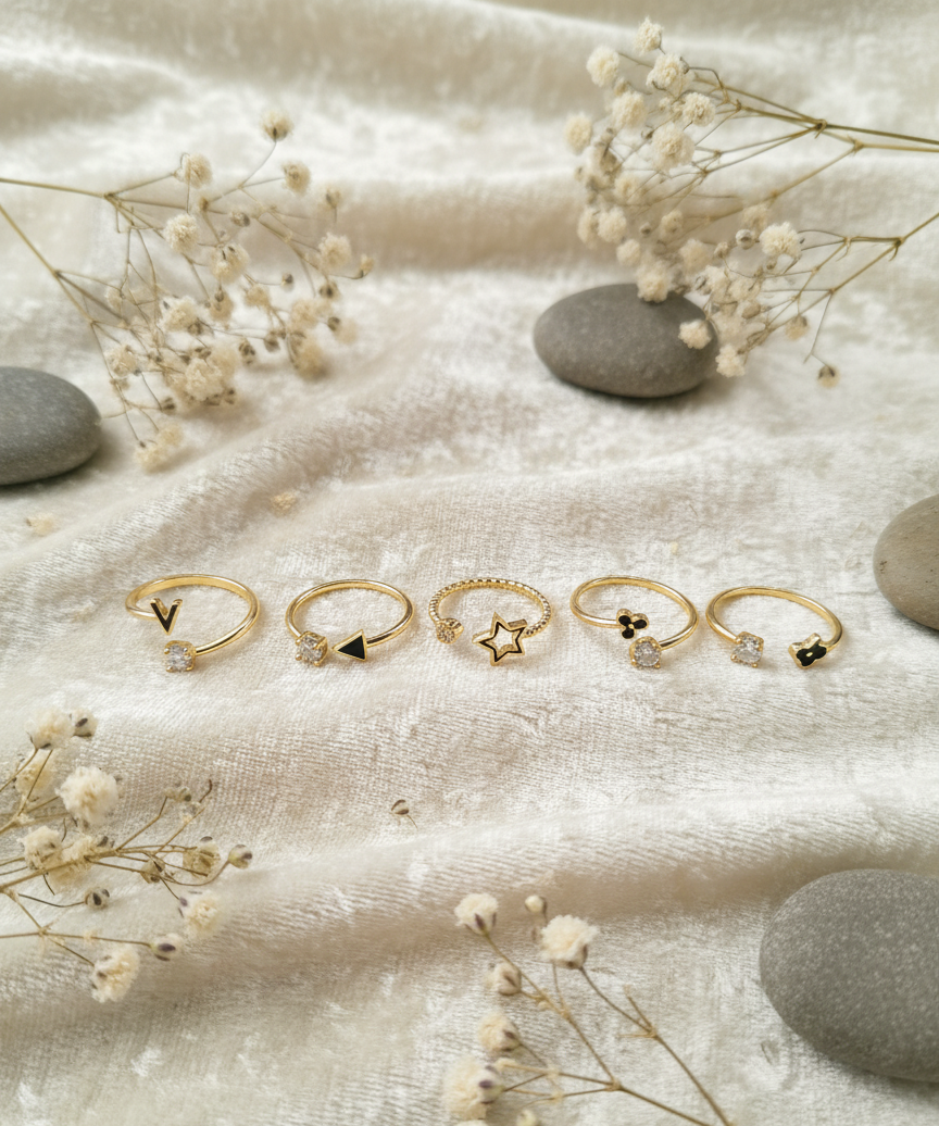 Dainty Charm Adjustable Ring Set (Pack Of 5)