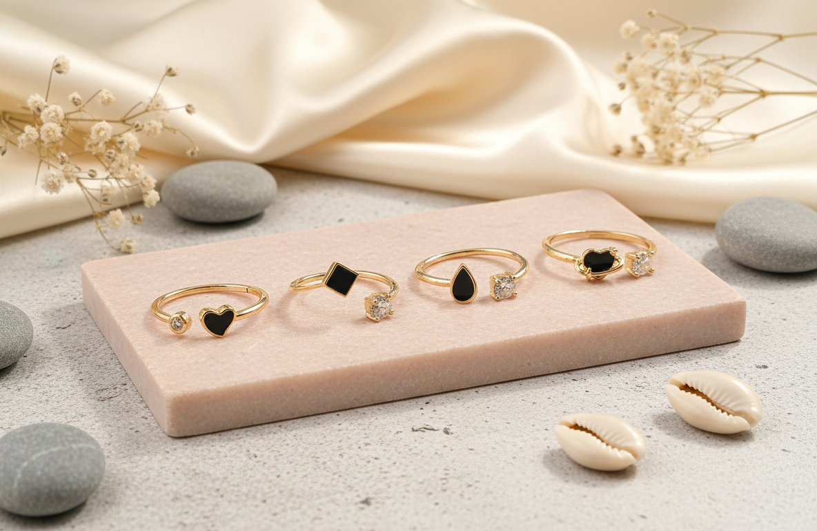 Geometric & Teardrop Charm Adjustable Ring Set (Pack of 4)