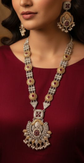 Grand Heirloom Two-Tone Necklace with Emerald Accents and Pearl Drops