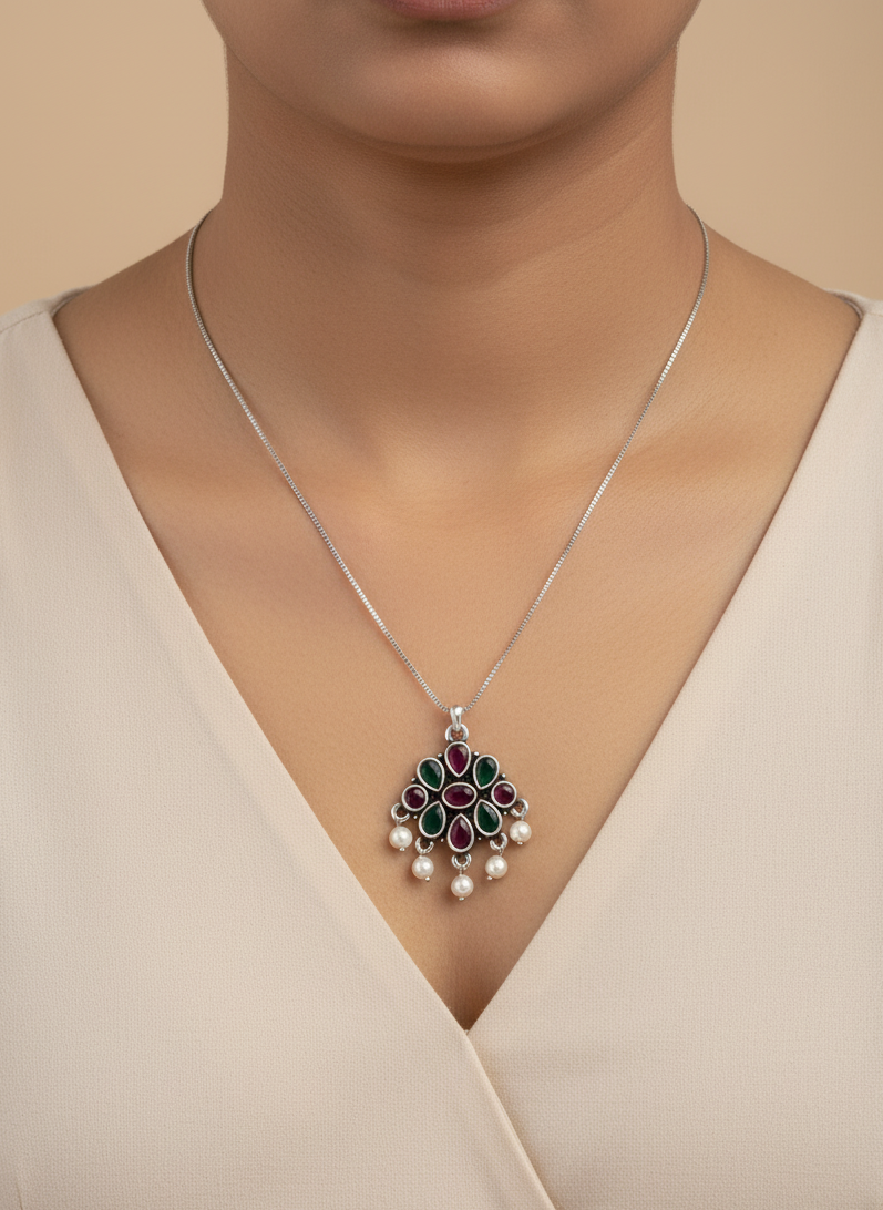 Emerald Bloom Silver Pendant Necklace