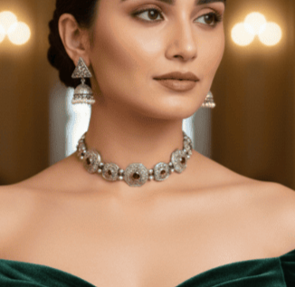 German silver choker necklace with ruby stones