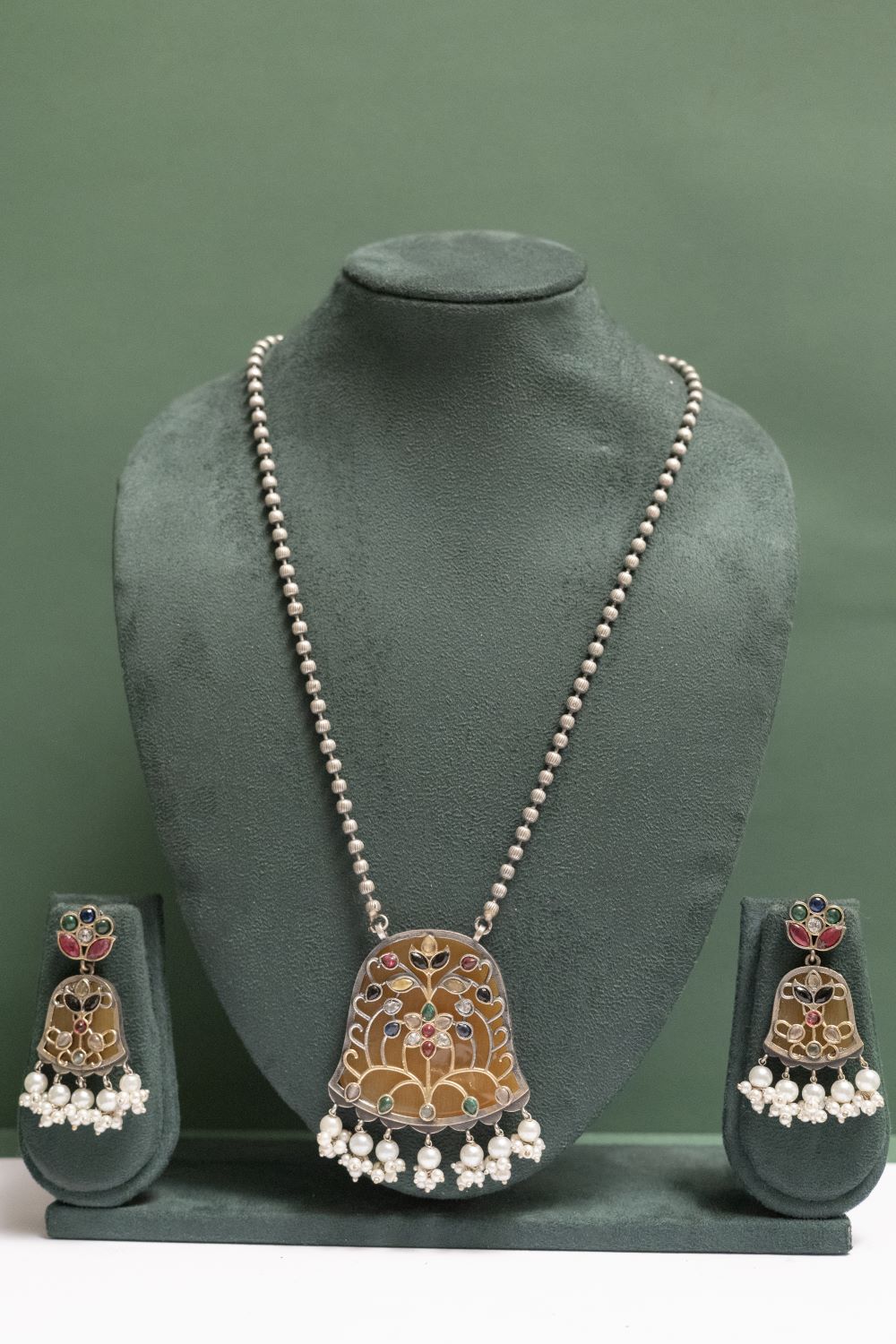 German Silver Chain Pendant with Dangling White Beads