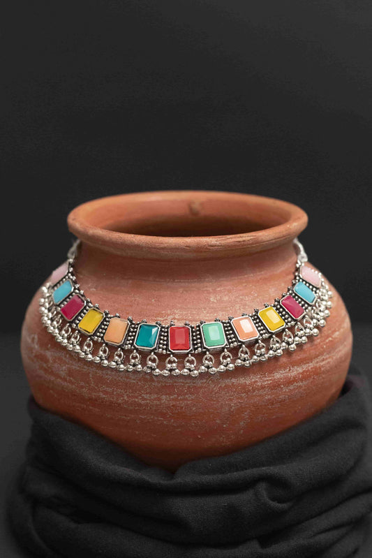 Oxidised Meena Choker Necklace Set with Rectangular Multi-Colored Stones