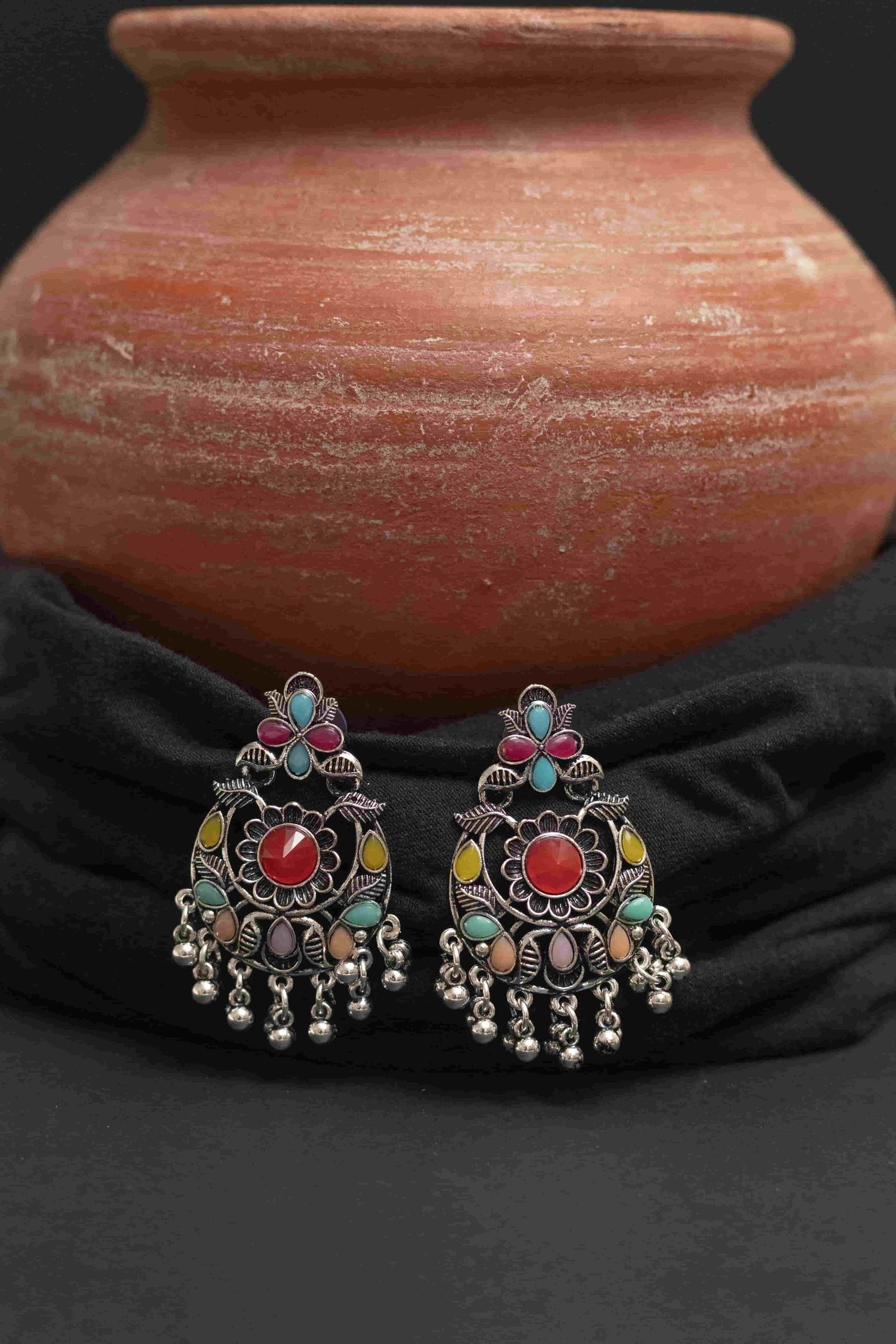Oxidised Meena Choker Necklace Set with Round Cabochon Stones