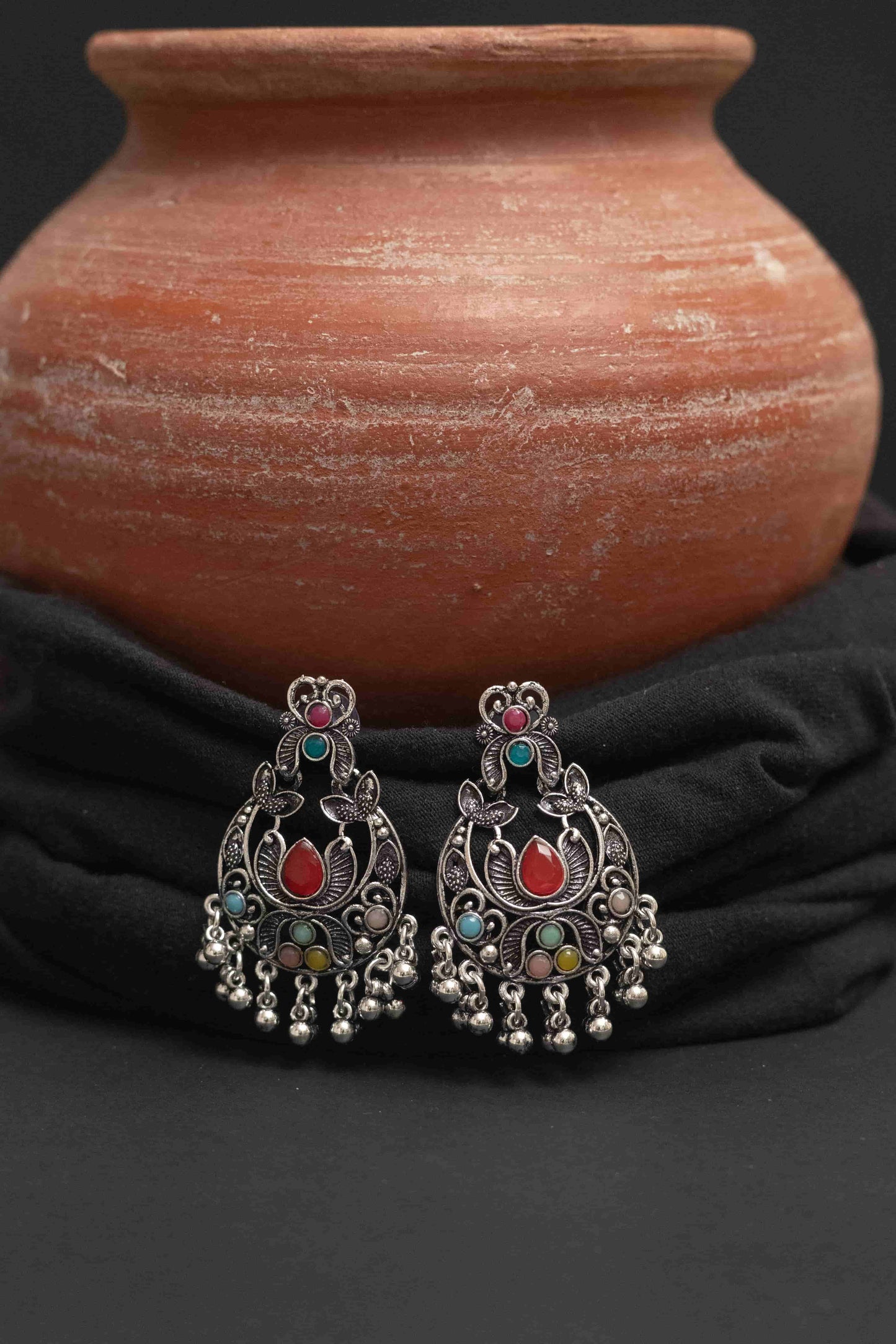 Oxidised Multi-Stone Choker Necklace Set with Jhumka & Tika