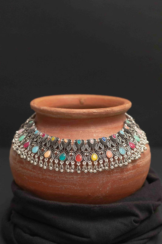 Oxidised Multi-Stone Choker Necklace Set with Jhumka & Tika