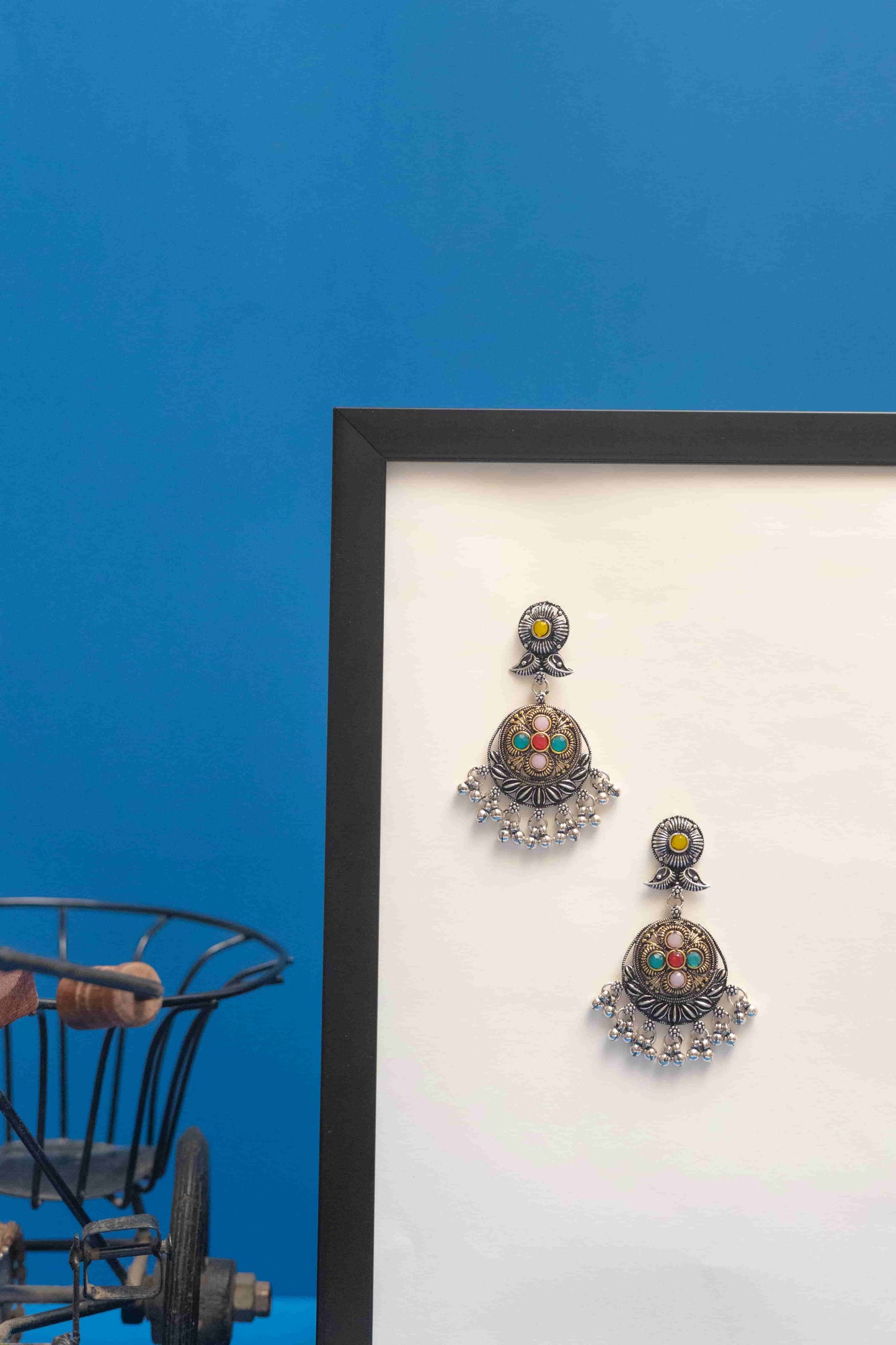 Oxidised Central Floral Crescent Pendant Multi Necklace with Cabochons