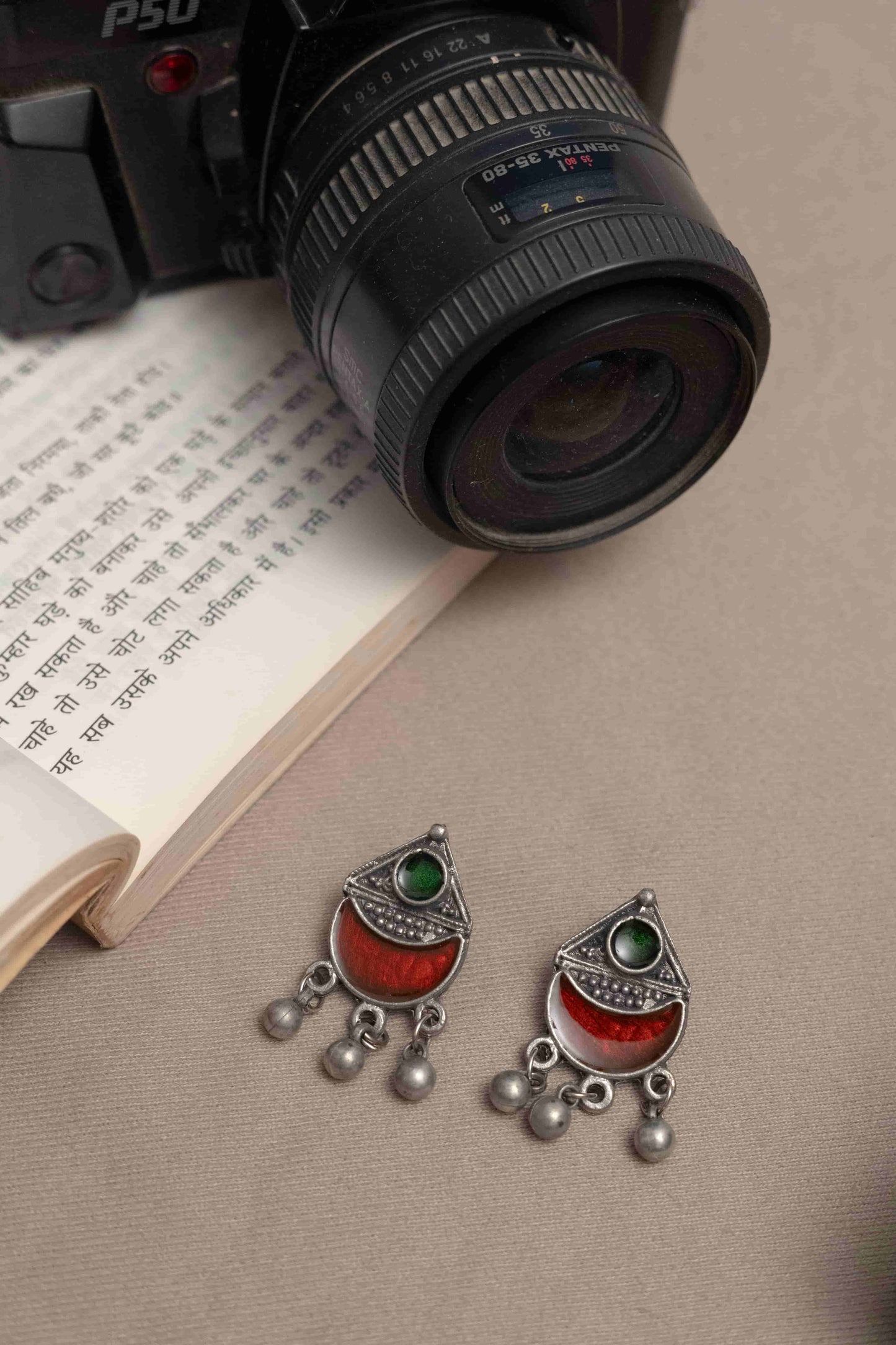 Oxidised Meena Necklace with Geometrical & Crescent Cabochons