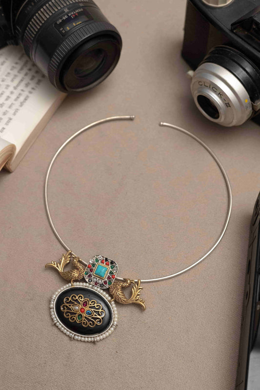 German Silver Choker with Ornate Pendant and Earrings