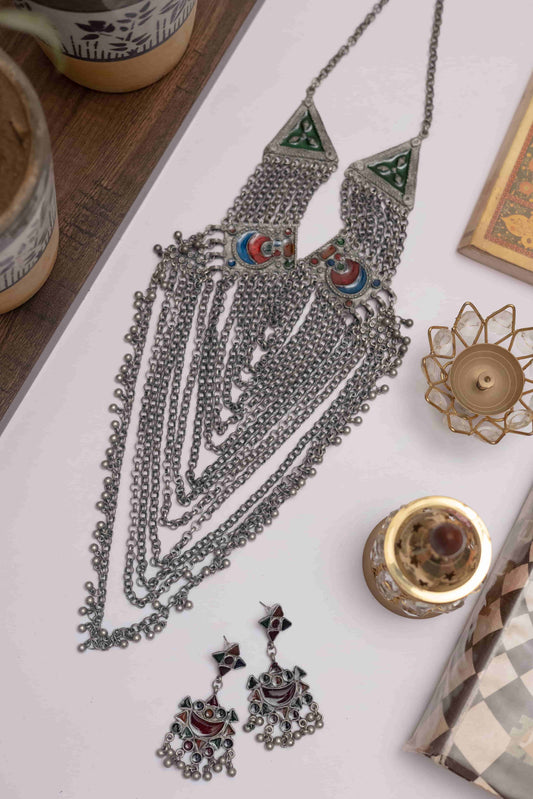 Oxidised Meena Long Layered Chain Necklace