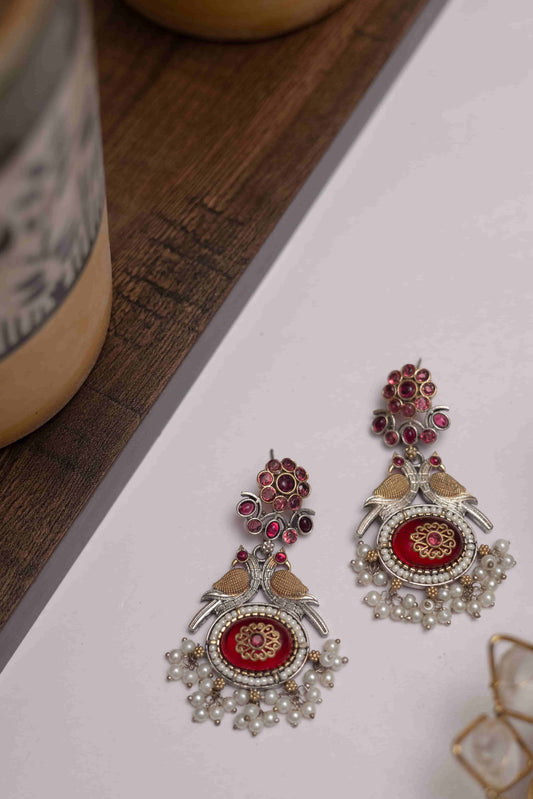 German Silver Peacock Pendant Set with Stone & Pearl Drops