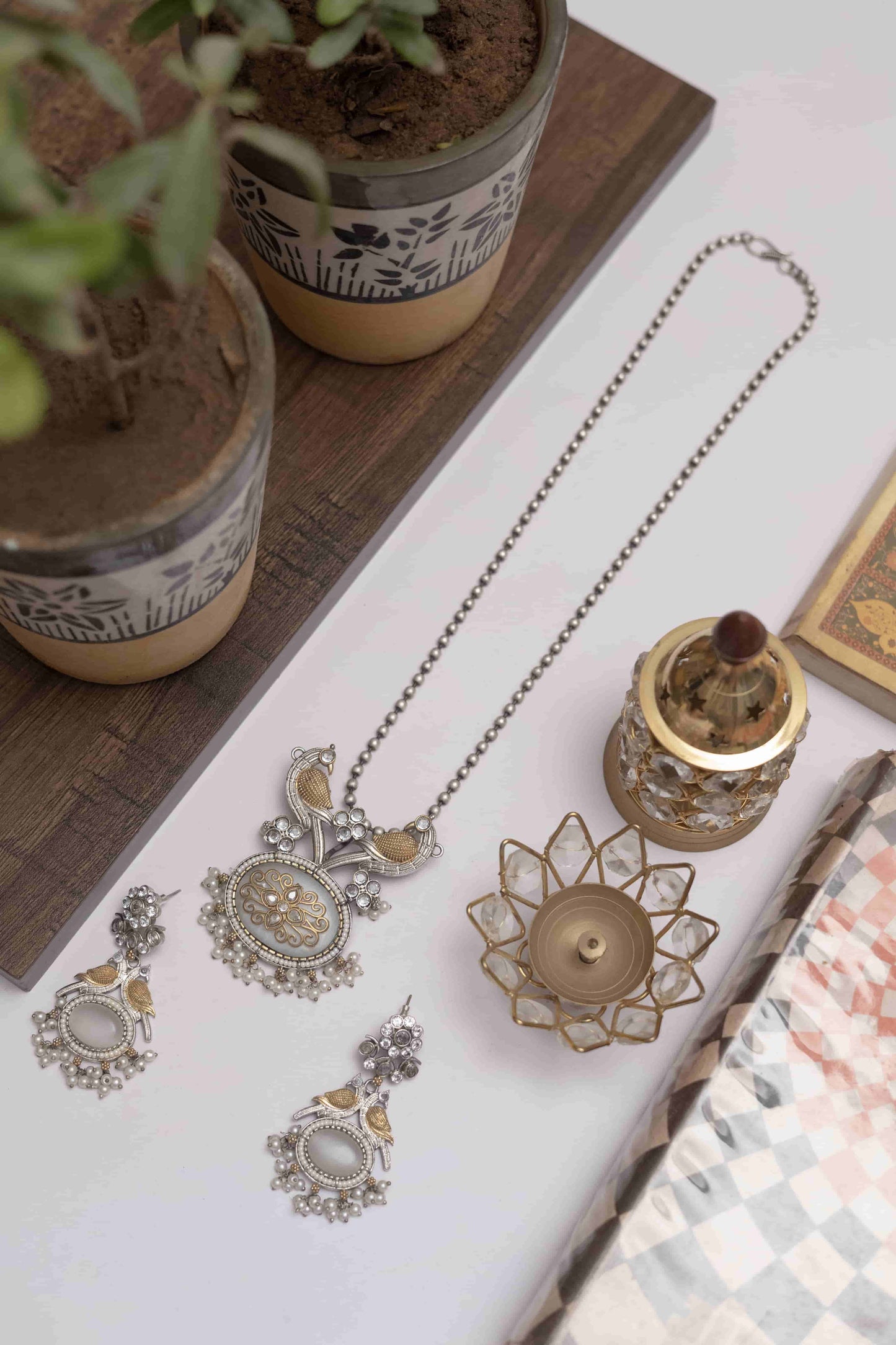 German Silver Peacock Pendant Set with Stone & Pearl Drops