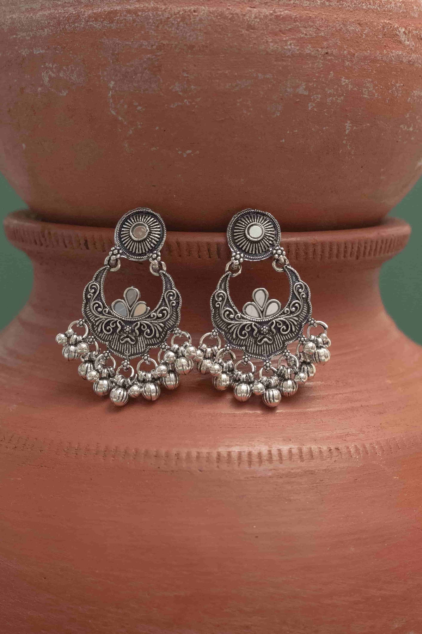 Oxidised Combo Mirror Crescent Pendant Choker with Dangling Beads