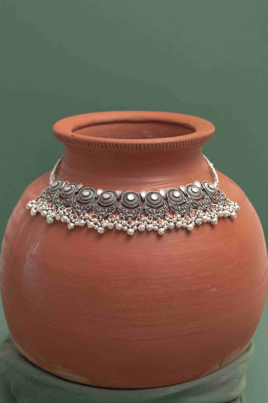 Oxidised Combo Mirror Crescent Pendant Choker with Dangling Beads