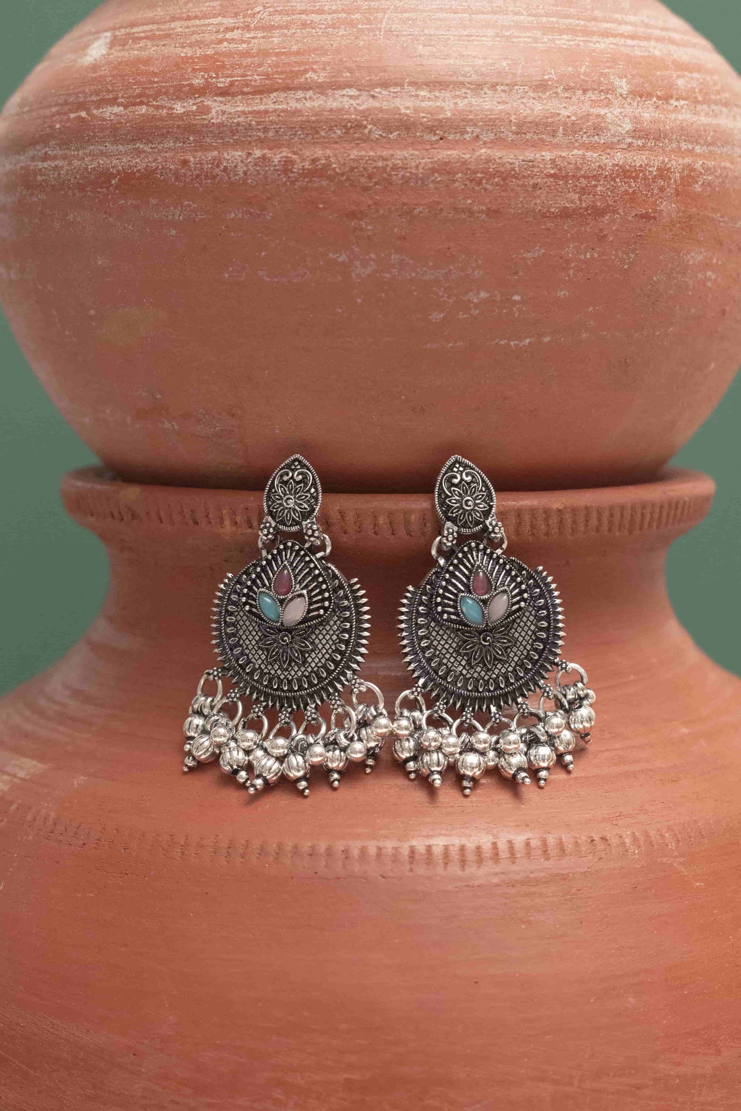 Oxidised Combo Multi Choker Necklace with Teardrop Cabochons