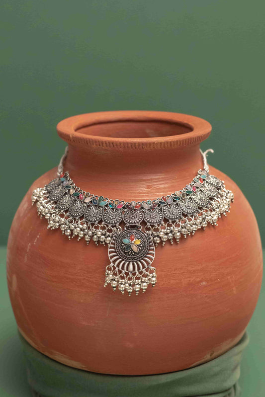 Oxidised Combo Choker Necklace with Teardrop Cabochon Flowers