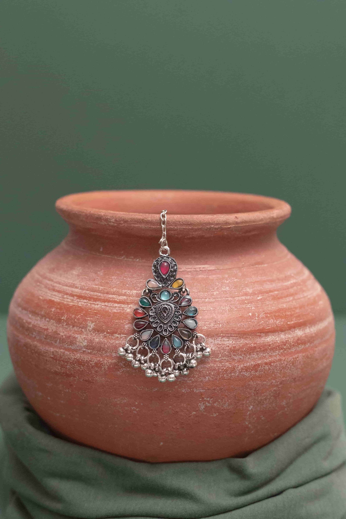 Oxidised Combo Multi Teardrop Choker Necklace with Cabochon Drops