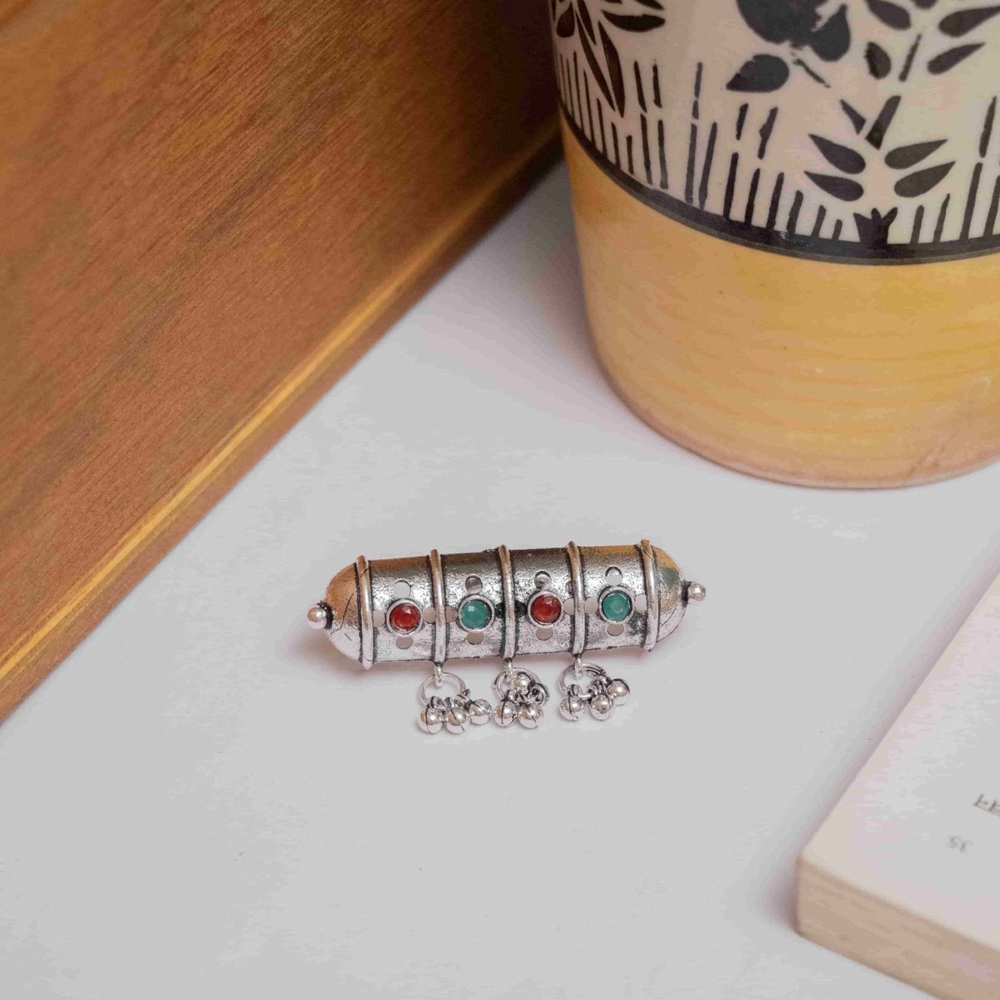 German Silver Ring with Colorful Cabochons & Bell Charms