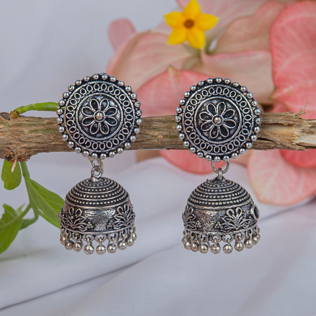 German Silver Earrings with Flower Motif & Dangling Jhumka