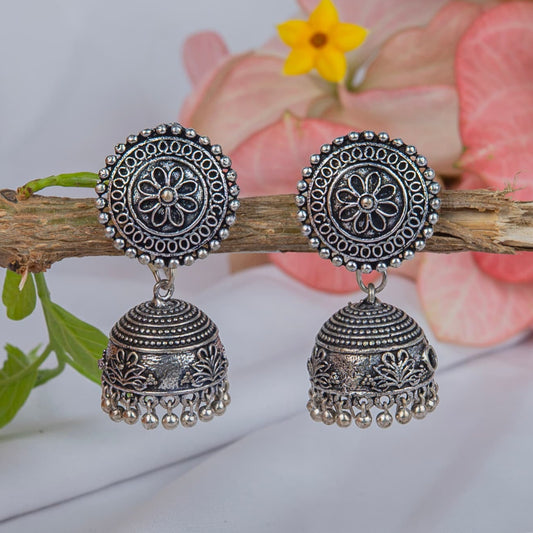 German Silver Earrings with Flower Motif & Dangling Jhumka