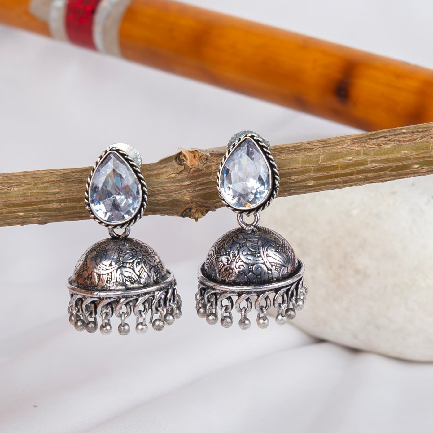 German Silver Jhumka Earrings with Multicolor Gem Cabochons