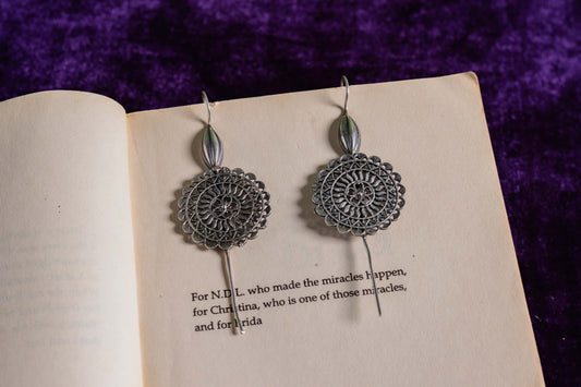 German Silver Mandala-Inspired Filigree Drop Earrings