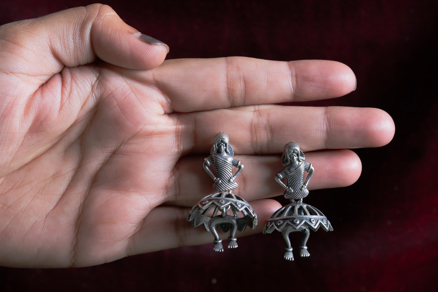 German Silver Folk Dance Earrings with Skirt Cutwork