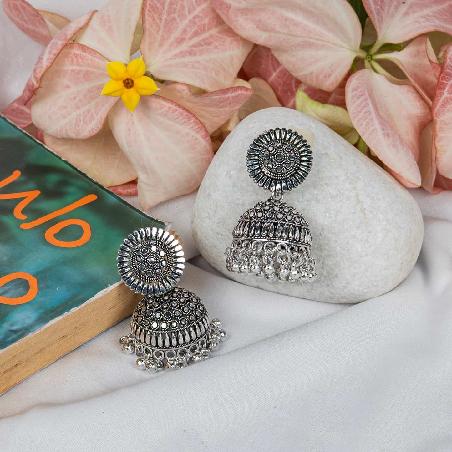 Oxidised Sunburst Stud Earrings with Dangling Jhumka & Beads