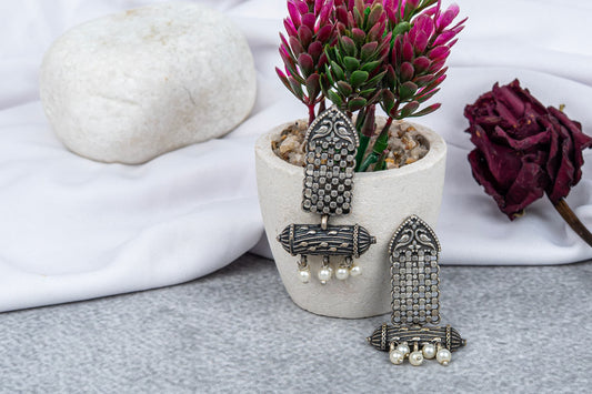 German Silver Long Dangler Earrings with Pearl Beads